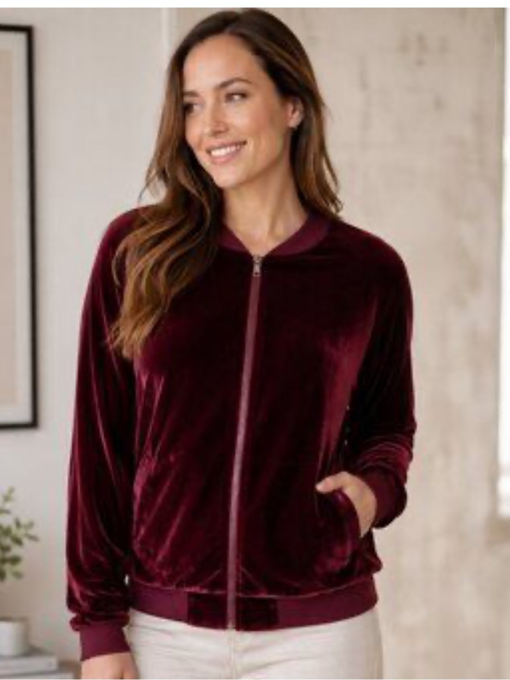 Aqua Burgundy Velvet Velour Bomber Jacket Zip Front Ribbed Trim Small